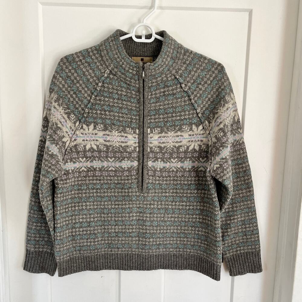 Woolrich Medium Petite Quarter Zip Wool Sweater Fair Isle Gray Blue White